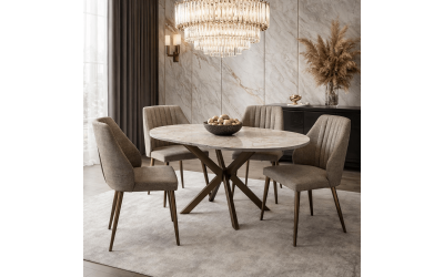 Комплект маса Dobok - Сив мрамор/Бронз + 4 бр. трапезни столове Riva 2 - Кафяво/Бронз