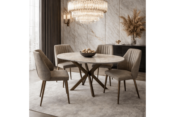 Комплект маса Dobok - Сив мрамор/Бронз + 4 бр. трапезни столове Riva 2 - Кафяво/Бронз