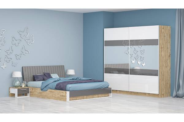 Спален комплект Монца - дъб вотан и бяло гланц