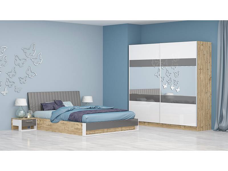 Спален комплект Монца - дъб вотан и бяло гланц - Спални комплекти