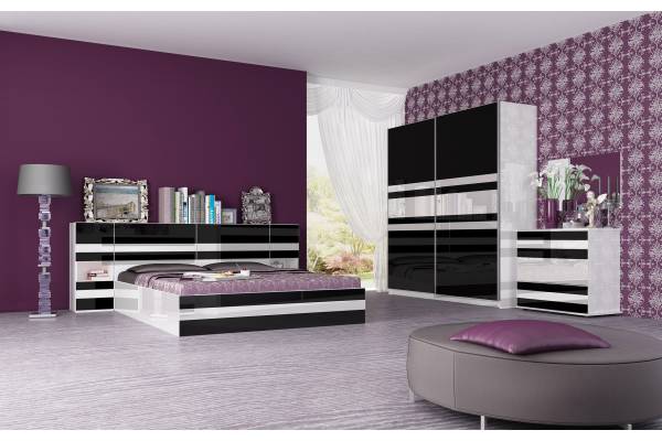 Спален комплект Виктория - бяло гланц и черно гланц