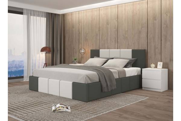 Тапицирано легло Казабланка - Кожа Кобалт мат/Кожа Бяло мат