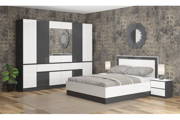 Модулно обзавеждане за спалня Лео - Антрацит гланц/Бяло гланц