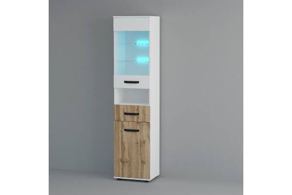 Витринен шкаф с едно крило Вива М3 - Бяло Гланц/Дъб Вотан