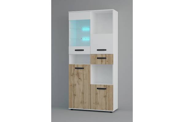 Витринен шкаф с две крила Вива М4 - Бяло Гланц/Дъб Вотан