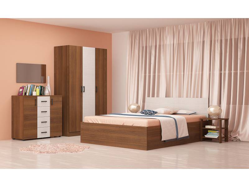 Спален комплект Лена Конфигурация 1 - Орех класик/Лино бланко - Двойни легла