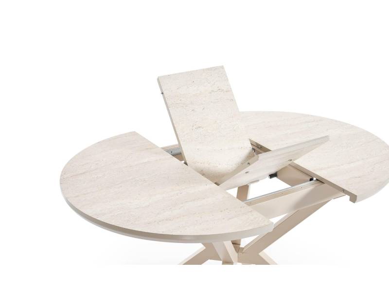 Комплект маса Rokko /Плот-Travertin, Основа-Крем/  + 4 бр. трапезни столове Polo /Дамаска-Бежова, Основа-Крем/ - Комплект маса със столове