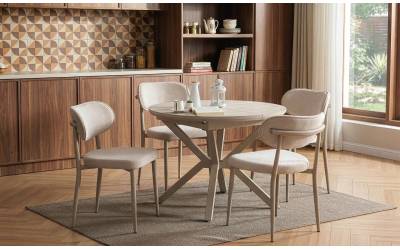 Комплект маса Rokko /Плот-Travertin, Основа-Крем/  + 4 бр. трапезни столове Polo /Дамаска-Бежова, Основа-Крем/