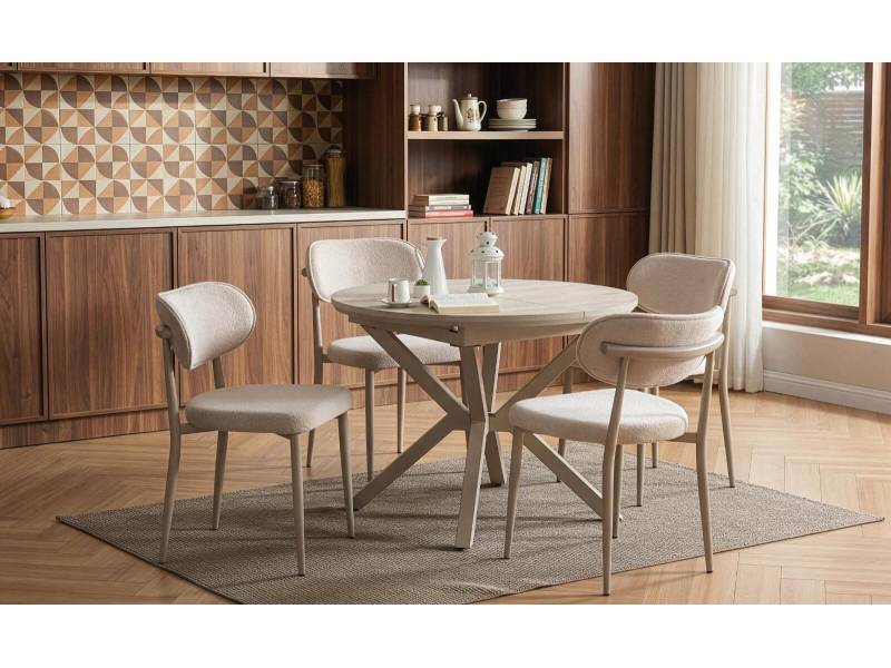 Комплект маса Rokko /Плот-Travertin, Основа-Крем/  + 4 бр. трапезни столове Polo /Дамаска-Бежова, Основа-Крем/ - Комплект маса със столове