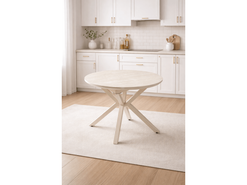 Комплект маса Rokko /Плот-Travertin, Основа-Крем/  + 4 бр. трапезни столове Polo /Дамаска-Бежова, Основа-Крем/ - Комплект маса със столове