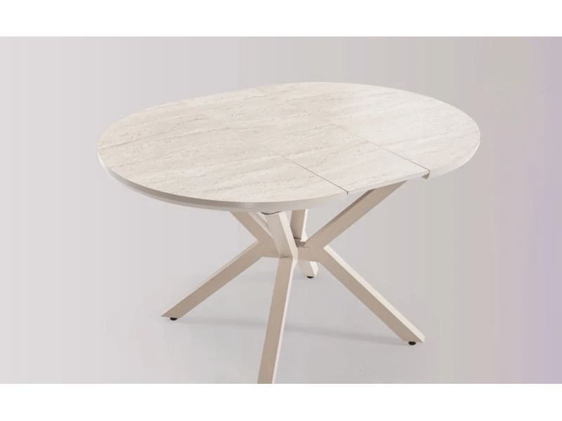 Комплект маса Rokko /Плот-Travertin, Основа-Крем/  + 4 бр. трапезни столове Polo /Дамаска-Бежова, Основа-Крем/ - Комплект маса със столове