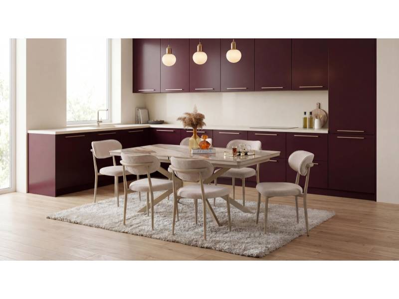 Комплект маса Tower /Плот-Gaia, Основа-Крем/  + 4 бр. трапезни столове Polo /Дамаска-Бежова, Основа-Крем/ - Комплект маса със столове