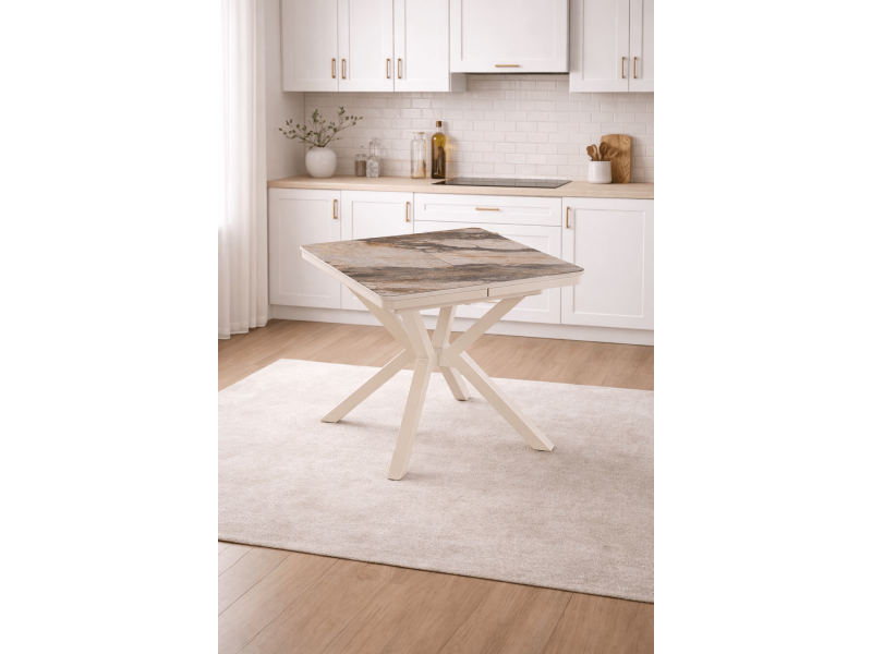 Комплект маса Tower /Плот-Gaia, Основа-Крем/  + 4 бр. трапезни столове Polo /Дамаска-Бежова, Основа-Крем/ - Комплект маса със столове