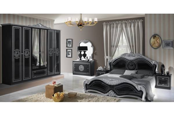 Италиански спален комплект Laura със 6 крилен гардероб - Черно със сребро
