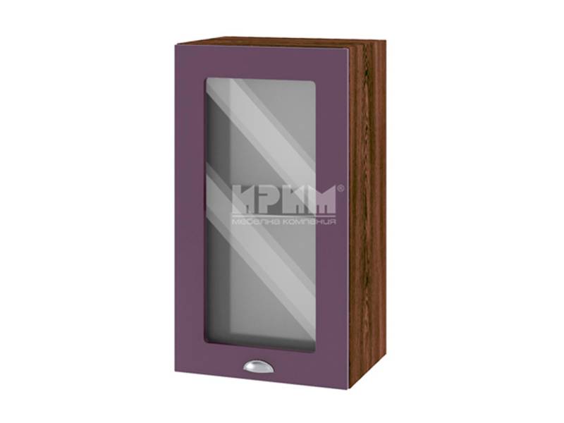 Горен шкаф с витрина ВФ-Лилаво мат-05-202, 40см - Модулна Кухня Сити лилаво мат и бяло гладко