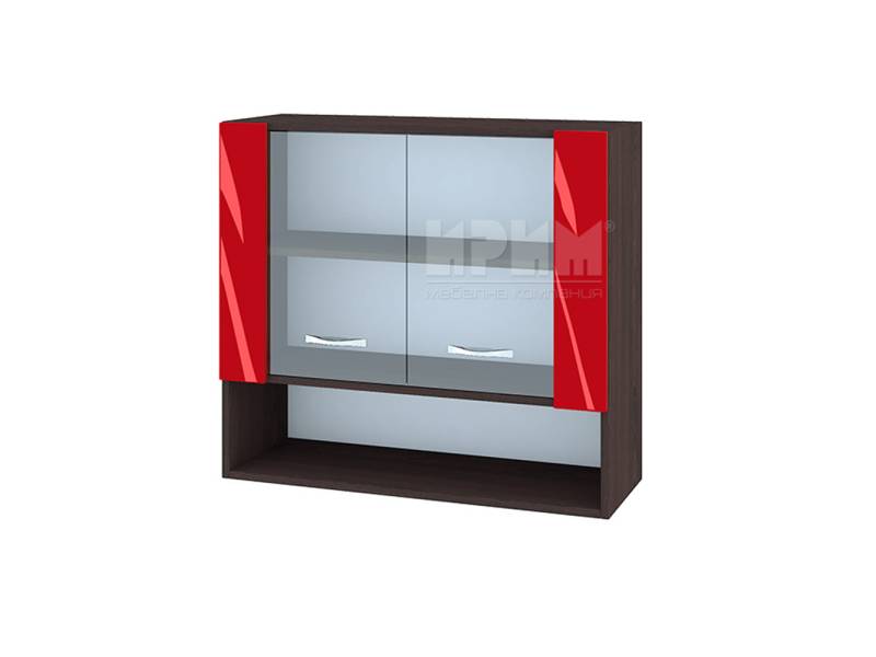 Горен шкаф с две витрини и ниша ВЧ-10, 80см - Модулна кухня Сити червен хайглос и бяло гладко