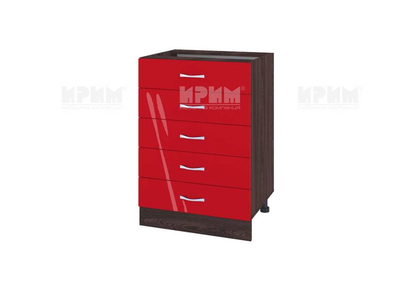 Долен шкаф с пет чекмеджета ВЧ-29, 60см - Модулна кухня Сити червен хайглос и бяло гладко