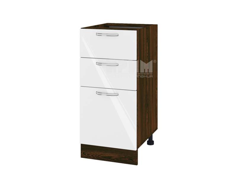 Долен шкаф с две чекмеджета и врата ВФ-Бяло гланц-05-27, 40 см - Модулна Кухня Сити венге и бял гланц