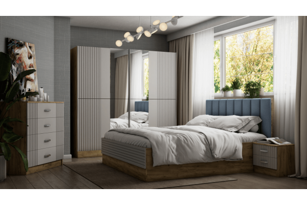 Спален комплект Соня - Златен дъб/Пясък Мат/Табла в син цвят